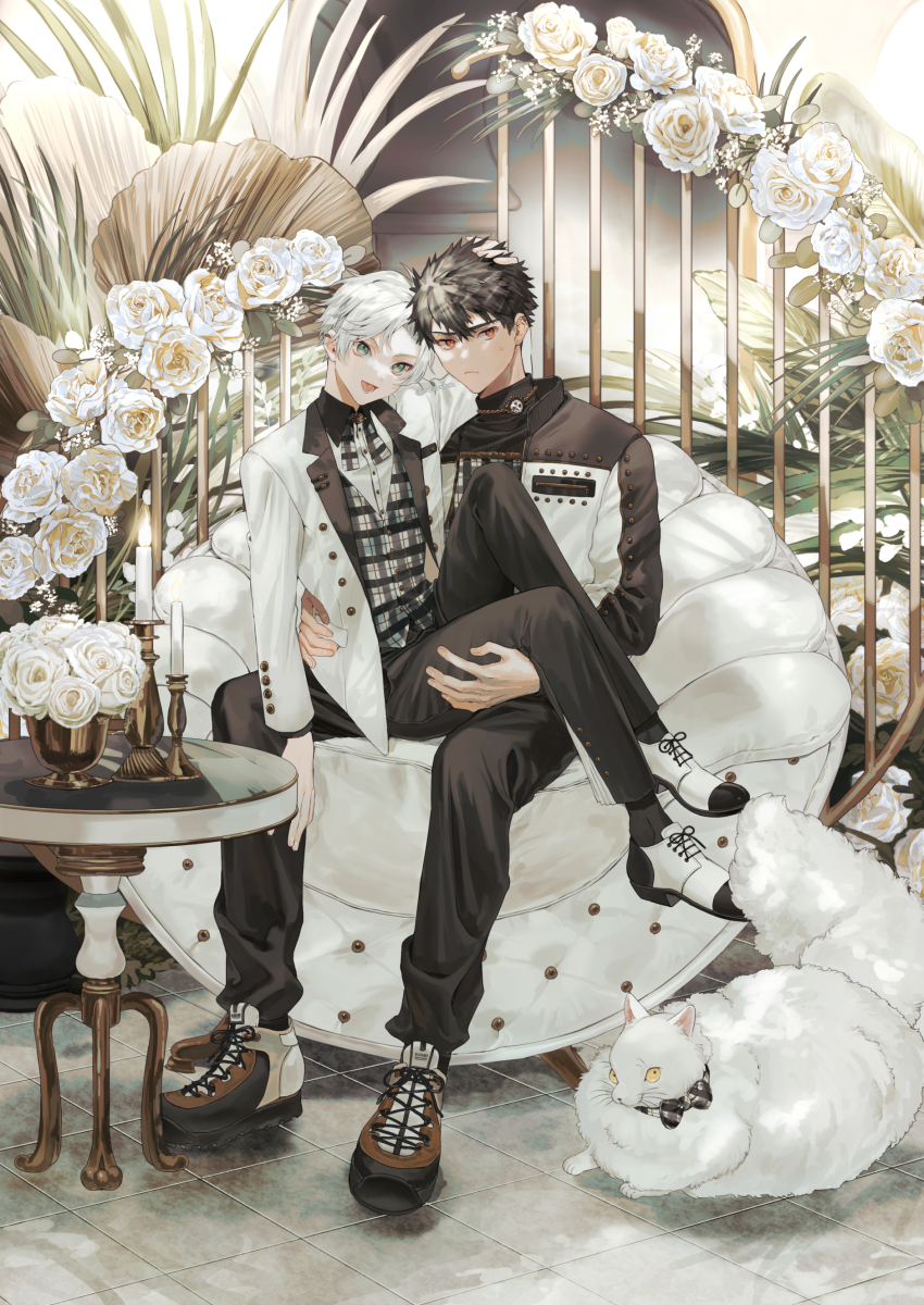 2boys absurdres black_hair black_jacket black_pants blue_eyes boots candle cat chair closed_mouth commentary_request flower frown full_body highres jacket long_sleeves looking_at_viewer male_focus mege_(megechan) multiple_boys on_chair open_mouth orange_eyes original pants plaid_clothes plaid_shirt shirt short_hair sitting sitting_on_lap sitting_on_person smile suit_jacket table tile_floor tiles vase white_flower white_footwear white_hair white_jacket yaoi