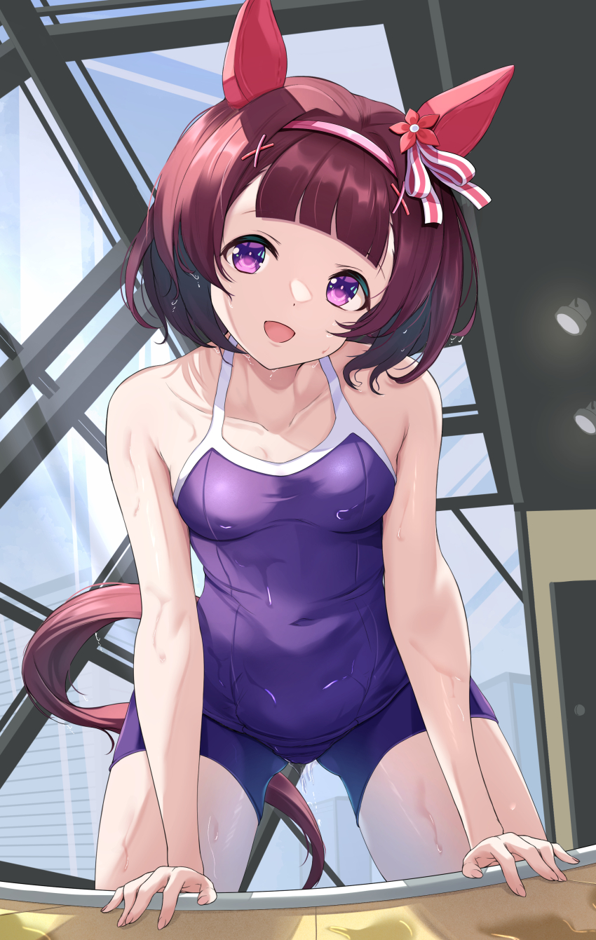 1girl :d absurdres animal_ears blue_one-piece_swimsuit breasts brown_hair collarbone commentary_request ear_covers highres horse_ears horse_girl horse_tail indoors looking_at_viewer maimuu md5_mismatch nishino_flower_(umamusume) one-piece_swimsuit open_mouth purple_eyes revision school_swimsuit short_hair small_breasts smile solo swimsuit tail tracen_swimsuit umamusume wet wet_clothes wet_swimsuit