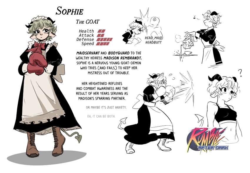 1girl ? apron black_eyes black_sports_bra blonde_hair boots bow boxing_gloves brown_boots character_name character_profile closed_eyes closed_mouth commentary copyright_logo copyright_name cup demon_girl demon_tail english_commentary english_text gloves goat_girl headbutt highres holding holding_teapot horns maid maid_apron maid_headdress multiple_views musical_note navel pointy_ears pouring profile red_bow red_gloves rumble_after_dark short_hair simple_background sophie_(spicymancer) spicymancer sports_bra stats tail teacup teapot white_background