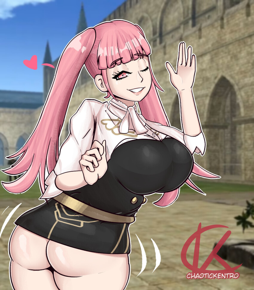 1girl artist_name ass breasts castle chaotickentro fire_emblem fire_emblem:_three_houses heart_(symbol) highres hilda_valentine_goneril huge_breasts nintendo no_panties one_eye_closed pink_eyes pink_hair public_indecency teeth textless_version thick_thighs thighs twintails upskirt waving wink