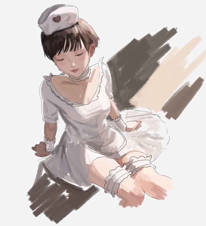 1girl absurdres arm_support closed_eyes collar collarbone cropped_legs dress frilled_collar frilled_dress frills from_above hat heart highres light_blush lips nurse nurse_cap parted_lips rebecca_chambers resident_evil resident_evil:_the_mercenaries_3d sitting solo thigh_strap white_background white_collar white_dress wrist_cuffs yh114019 yh114019_y