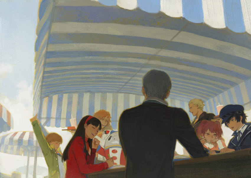 4boys 4girls absurdres amagi_yukiko arms_up black_hair blonde_hair blue_hair brown_hair casual creamyghost from_behind grey_hair hanamura_yousuke highres jacket kujikawa_rise kuma_(persona_4) multiple_boys multiple_girls narukami_yu outdoors persona persona_4 satonaka_chie shirogane_naoto sitting stretching table tatsumi_kanji umbrella