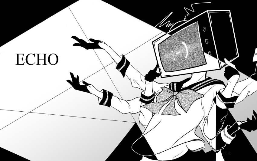1girl bow bowtie commentary copyright_name echo_(vocaloid) english_commentary extra_arms from_side gloves gradient_background greyscale half_gloves hands_up highres hina_(hinna-chan) long_sleeves monochrome object_head pointing pointing_at_self primadonna_(echo) sailor_collar shirt simple_background skirt solo television upper_body vocaloid