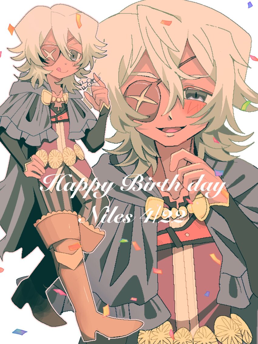 blue_hood capelet character_name dark-skinned_male dark_skin dated eyepatch fire_emblem fire_emblem_fates happy_birthday highres hood hooded_capelet kaninaka multiple_views niles_(fire_emblem) nintendo white_hair
