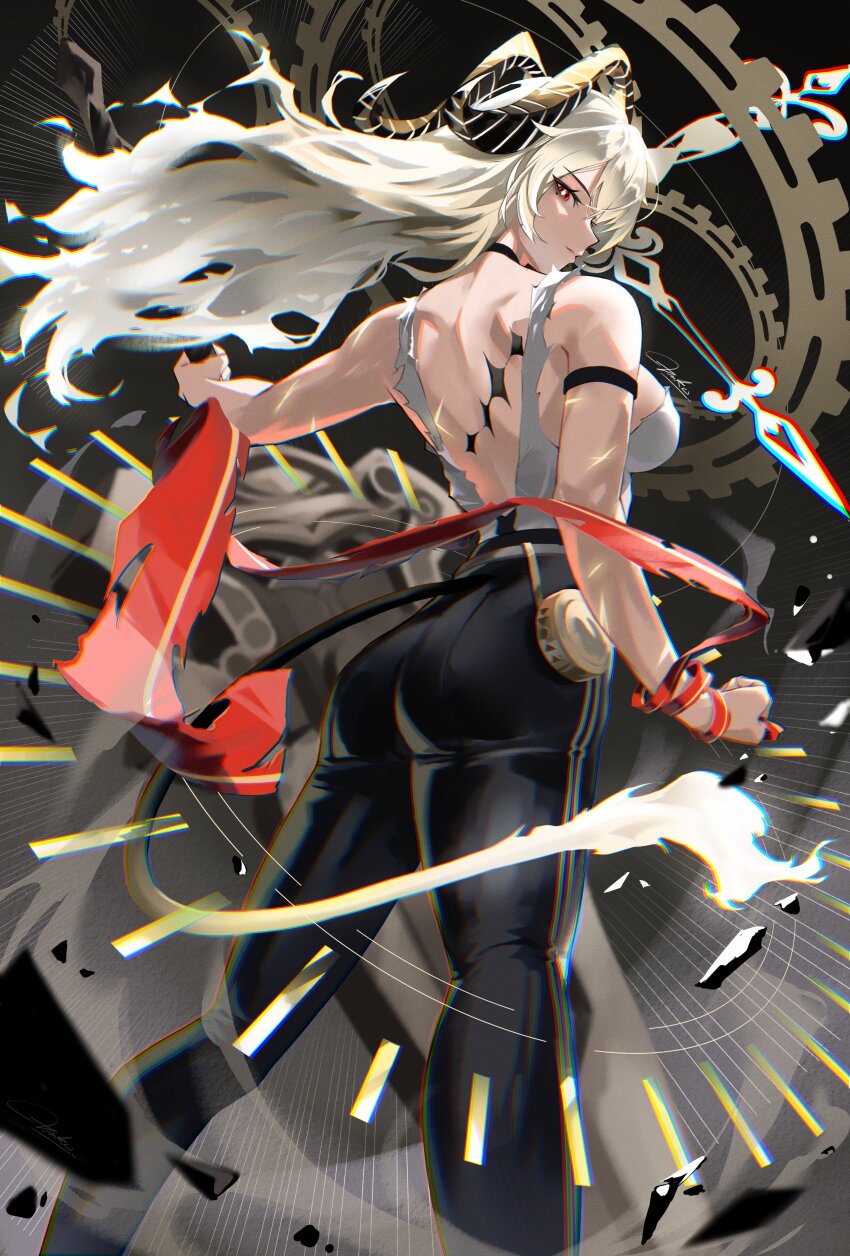 1girl absurdres arm_strap ass back black_horns black_pants black_tail blonde_hair breasts chromatic_aberration clenched_hand commentary curled_horns fire flame-tipped_tail from_behind greatsword highres holding holding_sword holding_weapon horns large_breasts long_ahir long_hair looking_at_viewer looking_back median_furrow mole mole_under_eye necktie necktie_around_wrists pants parted_lips red_eyes red_necktie shirt shoulder_blades solo sword tacet_mark_(wuthering_waves) tail tight_clothes tight_pants torn_clothes torn_shirt weapon white_shirt wuthering_waves zani_(wuthering_waves)