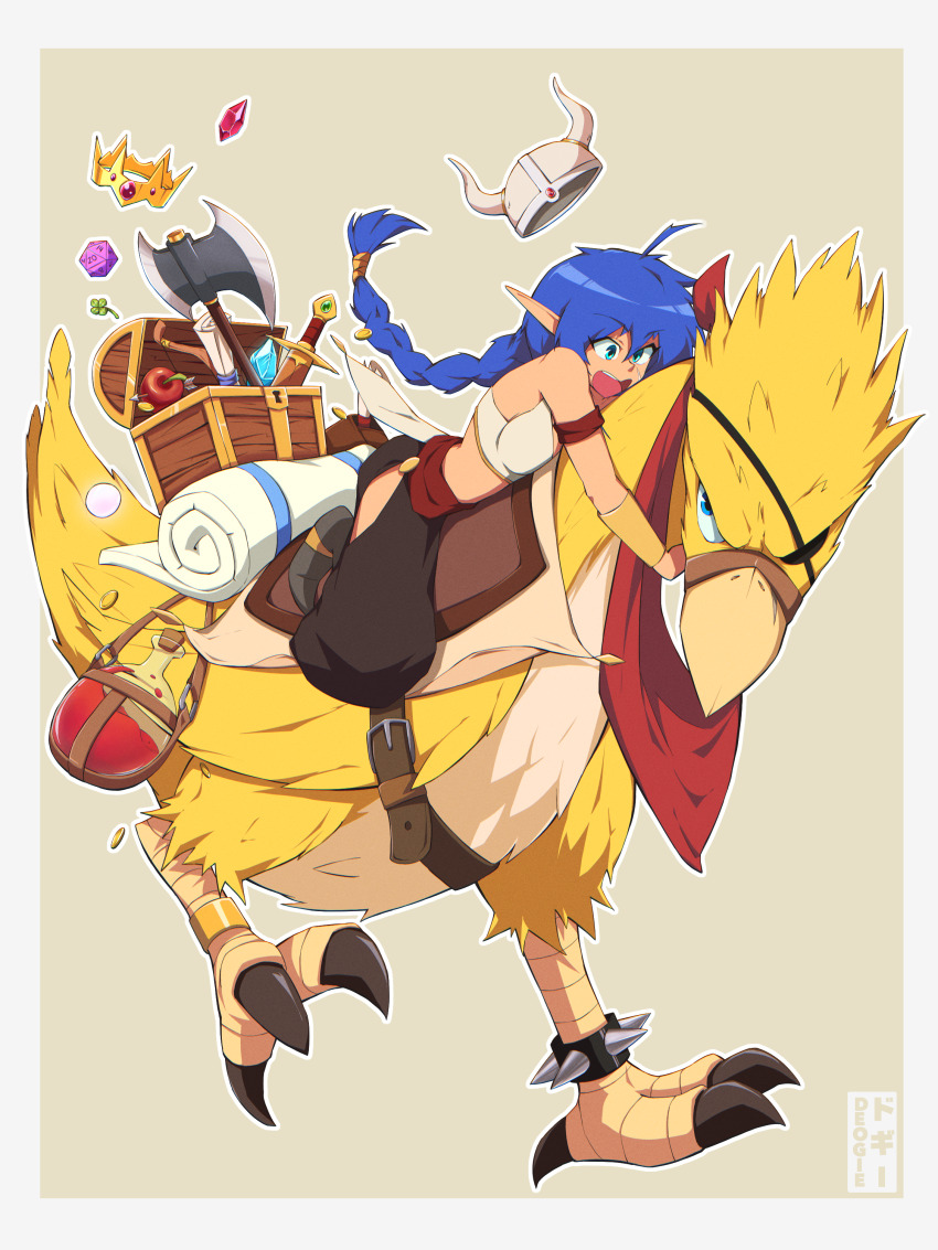 1girl absurdres apple artist_name axe battle_axe bird blue_eyes blue_hair commentary dice english_commentary eyepatch fake_horns feathers food fruit gem goodboideogie helmet highres horned_helmet horns long_hair original pointy_ears polyhedral_dice red_gemstone sword treasure_chest weapon yellow_feathers