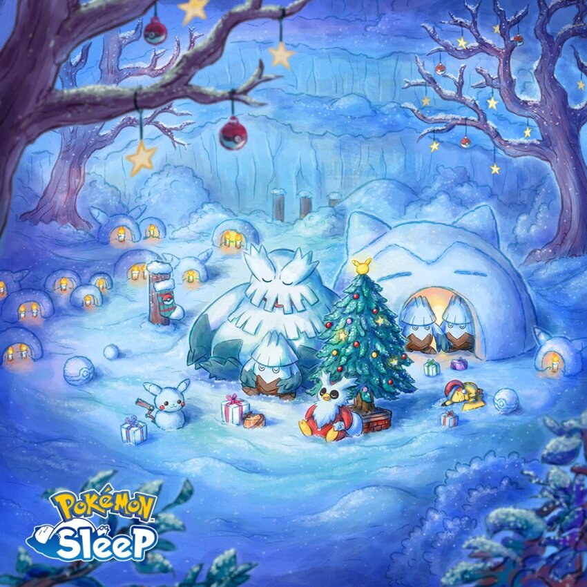 abomasnow candle christmas christmas_tree clothed_pokemon copyright_name delibird game_freak gen_1_pokemon gen_2_pokemon gen_4_pokemon gift igloo logo nintendo no_humans official_art pikachu poke_ball poke_ball_(basic) pokemon pokemon_(creature) pokemon_sleep promotional_art scenery sleeping snorlax snover snow snow_shelter snowman star_ornament tree