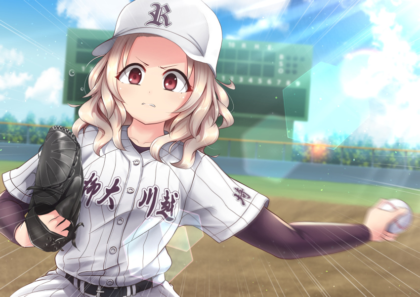 1girl angry baseball baseball_cap baseball_glove baseball_jersey baseball_stadium baseball_uniform bodysuit bodysuit_under_clothes clenched_teeth cowboy_shot day female_focus forehead grimace hat highres jersey lens_flare light_brown_hair long_hair oono_ayumi outdoors pitching red_eyes solo sportswear sun_glare tamayomi teeth throwing v-shaped_eyebrows wavy_hair yupi828
