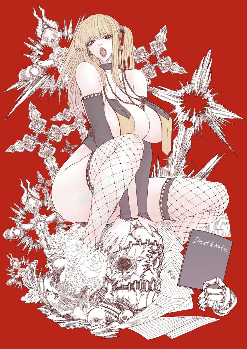 1girl amane_misa bare_shoulders black_choker blonde_hair breasts choker cleavage cross cross_necklace death_note detached_sleeves earrings eyelashes goth_fashion highres jewelry jun_wu_mo large_breasts legs looking_at_viewer necklace nun open_mouth solo thick_thighs thighhighs thighs tongue twintails