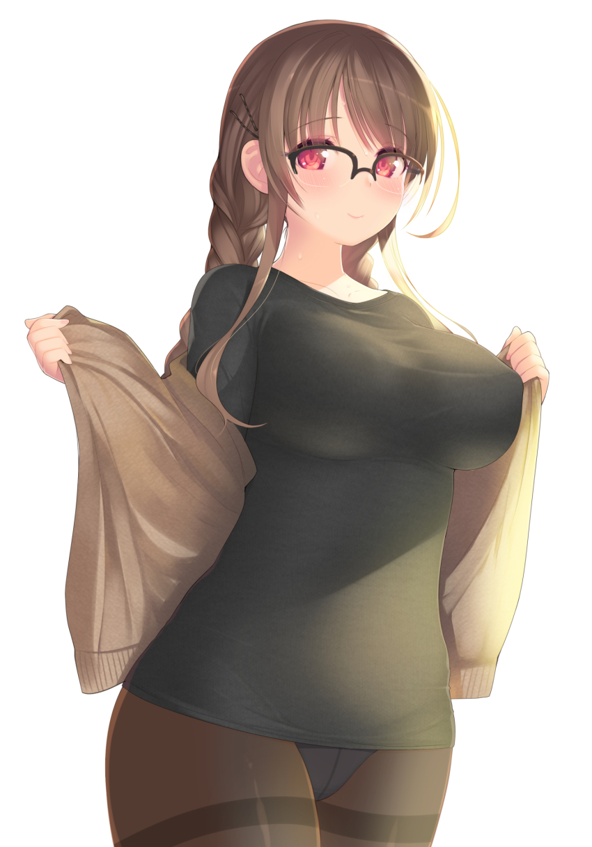 1girl ahoge arima_senne black_pantyhose black_shirt blush braid breasts brown_hair glasses highres jacket kashiwamochi_yomogi large_breasts lingerie long_hair original panties panties_under_pantyhose pantyhose red_eyes shirt simple_background smile solo sweater_jacket t-shirt thighband_pantyhose underwear