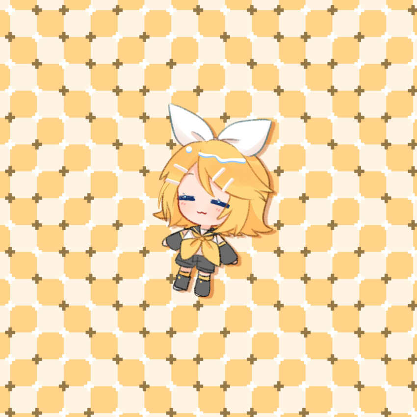 1girl :3 blonde_hair blueberry_hedy bow chibi chibi_only closed_eyes commentary detached_sleeves hair_bow hair_ornament hairclip highres kagamine_rin leg_warmers lying neckerchief on_back optical_illusion sailor_collar shirt short_hair shorts smile solo swept_bangs symbol-only_commentary vocaloid white_bow white_shirt yellow_neckerchief