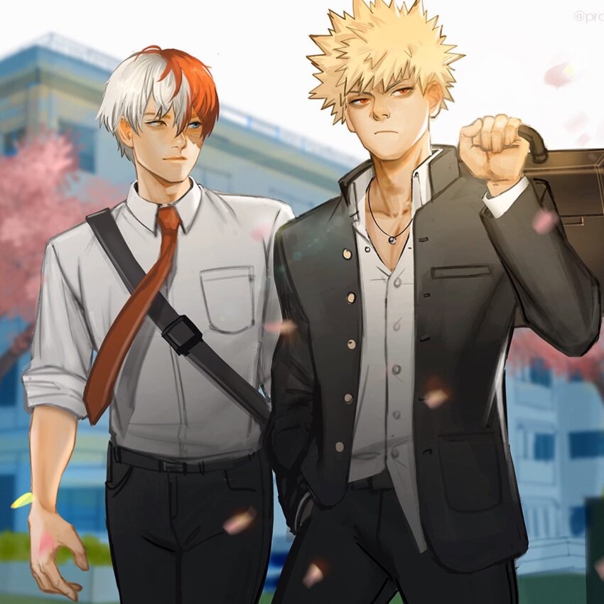 2boys :/ arm_up bag bakugou_katsuki black_jacket black_pants blonde_hair blue_eyes boku_no_hero_academia breast_pocket brown_eyes building buttons cherry_blossoms closed_mouth collarbone collared_shirt commentary dress_shirt english_commentary falling_petals gakuran hand_in_pocket heterochromia highres holding holding_bag jacket jewelry layered_sleeves long_sleeves looking_to_the_side male_focus mistermagnolia multicolored_hair multiple_boys necklace necktie open_clothes open_collar open_jacket outdoors pants petals pocket popped_collar red_eyes red_hair red_necktie school_bag school_uniform shirt shirt_tucked_in short_hair side-by-side sideways_glance sleeves_rolled_up spiked_hair split-color_hair standing todoroki_shoto tree white_hair white_shirt wing_collar
