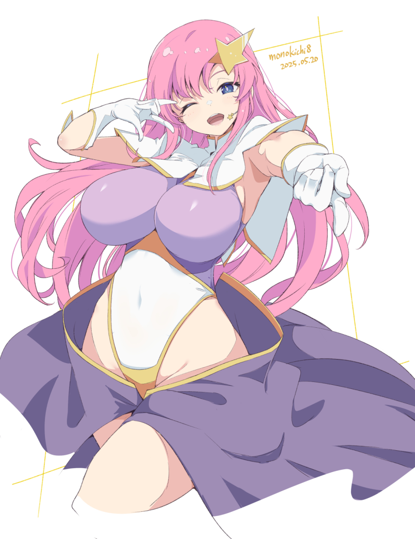 1girl artist_name blue_eyes breasts commentary_request dated gloves gundam gundam_seed gundam_seed_destiny headset highleg highleg_leotard highres kichihachi large_breasts leotard long_hair looking_at_viewer meer_campbell one_eye_closed open_mouth pink_hair smile solo teeth thighs upper_teeth_only white_background white_gloves