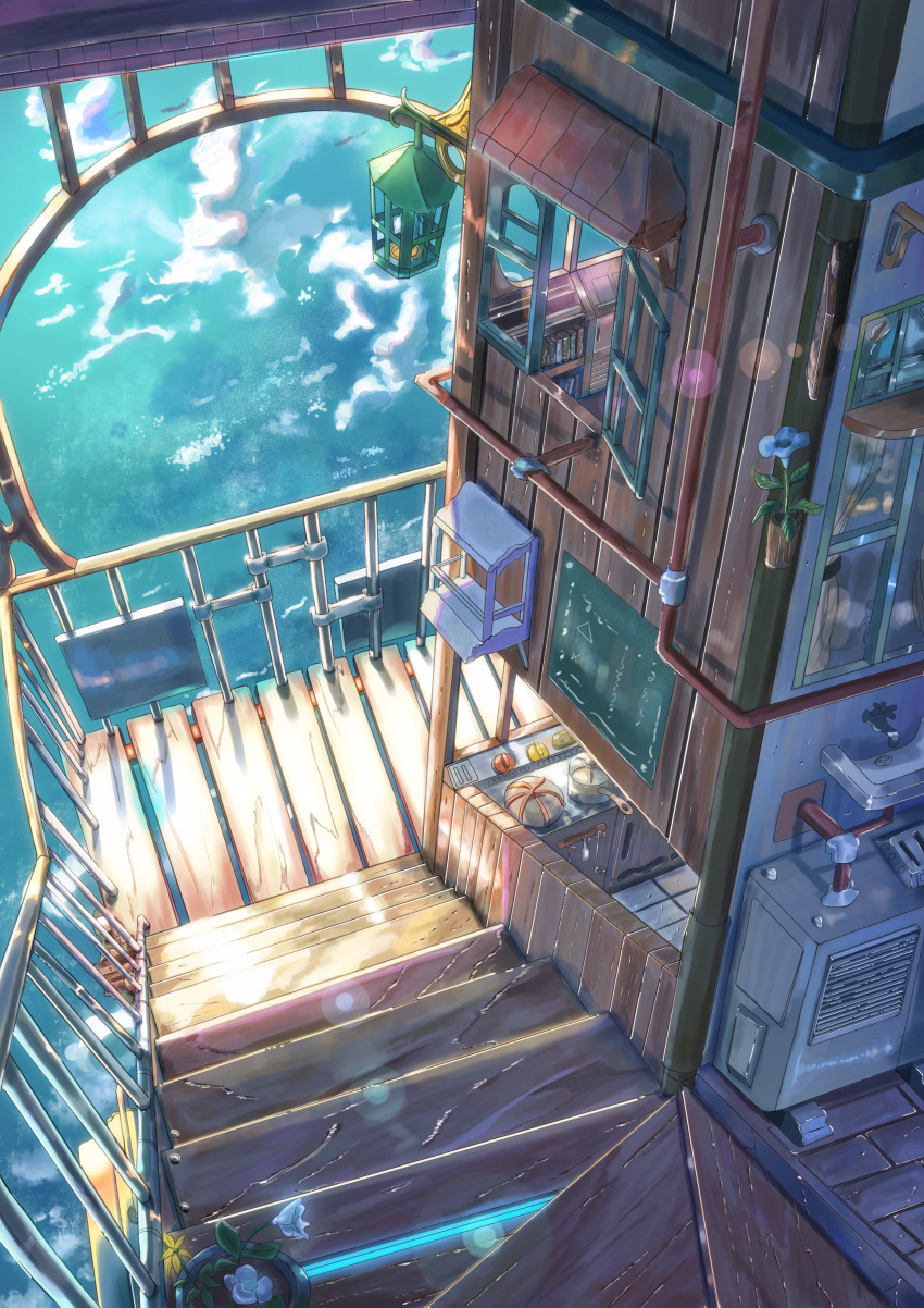 absurdres blue_theme book bookshelf commentary_request fence flower flower_pot highres kitchen lantern no_humans ocean original plant qdsn roomscape scenery sink stairs stove sunlight wooden_floor