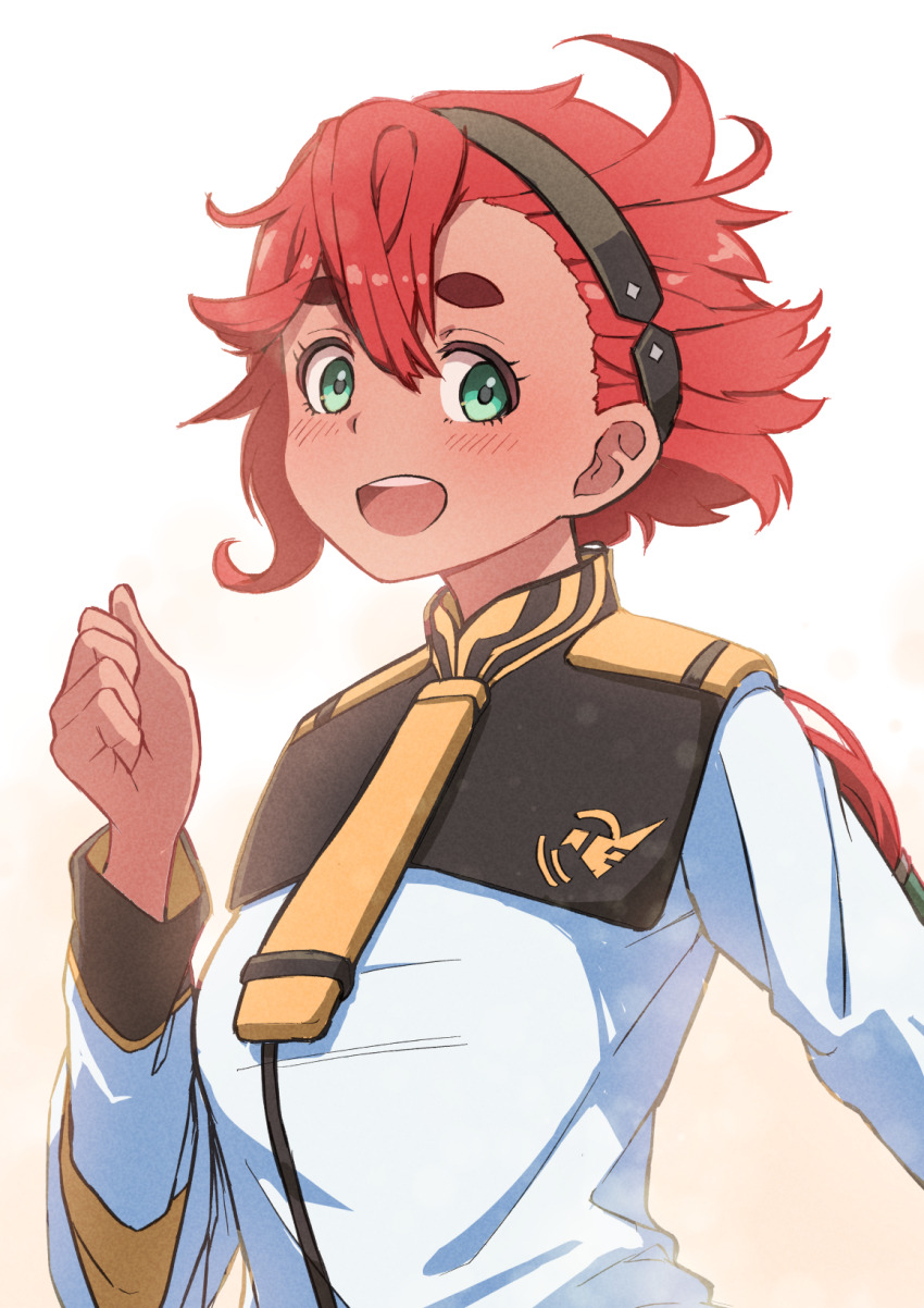 1girl asticassia_school_uniform blue_eyes blush gundam gundam_suisei_no_majo hairband highres looking_at_viewer open_mouth red_hair school_uniform short_hair solo suletta_mercury thick_eyebrows toraneko