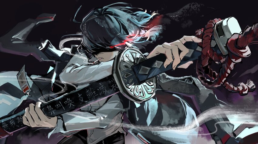 1girl black_coat bob_cut closed_mouth coat coat_on_shoulders glowing glowing_eye hand_up highres holding holding_sword holding_weapon light_trail limbus_company long_sleeves ootachi project_moon qingqingxiaoo red_eyes red_rope rope ryoshu_(project_moon) shirt short_hair smoke smoke_trail smoking solo sword weapon white_shirt
