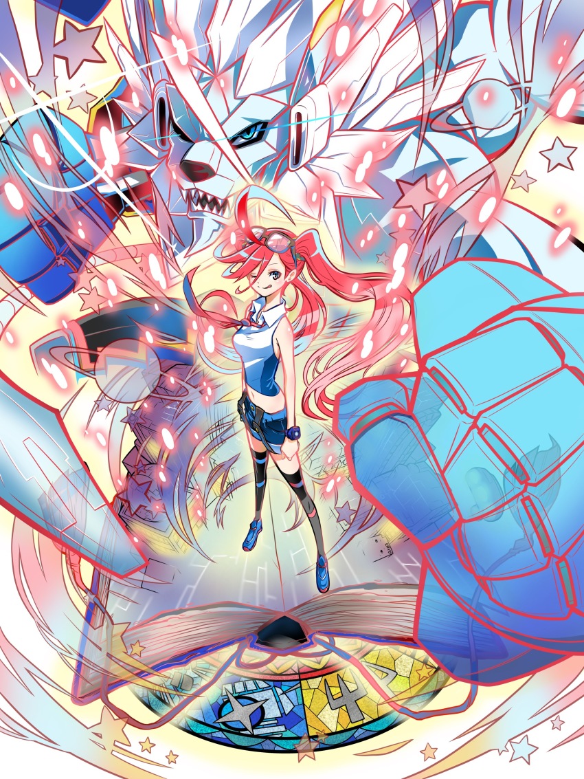 1boy 1girl :p absurdres armor aura bandai digimon digimon_universe:_appli_monsters energy fangs full_armor happy highres karan_eri long_hair looking_at_viewer muscular naoki_akamine one_eye_closed oujamon pink_hair shoes shorts smile standing tongue tongue_out twintails wink