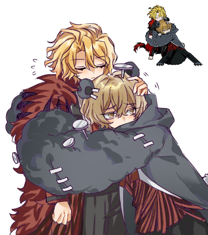 1boy 1girl animal_ears animal_hands bear_boy bear_ears bear_paws black_jacket blonde_hair clawed_gauntlets closed_eyes couple cowboy_shot don_quixote_(project_moon) flying_sweatdrops fur_collar fur_trim gloves hair_between_eyes hetero highres hug jacket limbus_company nail_(hardware) official_alternate_costume paw_gloves project_moon reference_inset sancho_(project_moon) short_hair simple_background sinclair_(project_moon) white_background wide_sleeves xiao_ganju_nailuo yellow_eyes