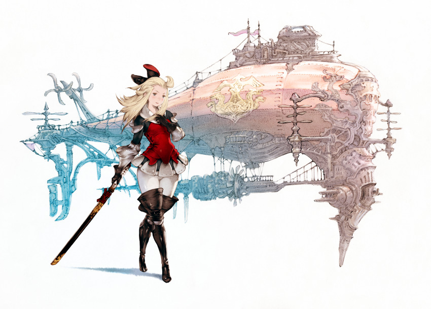 1girl absurdres ahoge aircraft airship armor armored_dress black_boots black_bow black_gloves blonde_hair blue_eyes blush boots bow bravely_default:_flying_fairy bravely_default_(series) closed_mouth crossed_legs dress edea_lee faulds full_body gauntlets gloves hair_bow hand_on_own_chest highres holding holding_sword holding_weapon katana light_smile long_hair official_art pantyhose protected_link psd_available red_dress second-party_source sheath sheathed solo standing sword thigh_boots watson_cross weapon white_background white_pantyhose yoshida_akihiko