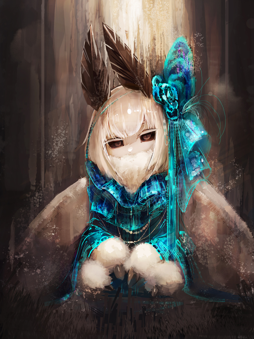 1girl antennae arthropod_girl black_sclera bow brown_eyes colored_sclera colored_skin extra_arms female_focus fur hair_bow highres insect_girl insect_wings monster_girl moth_girl moth_wings my700 original solo white_hair white_skin wings