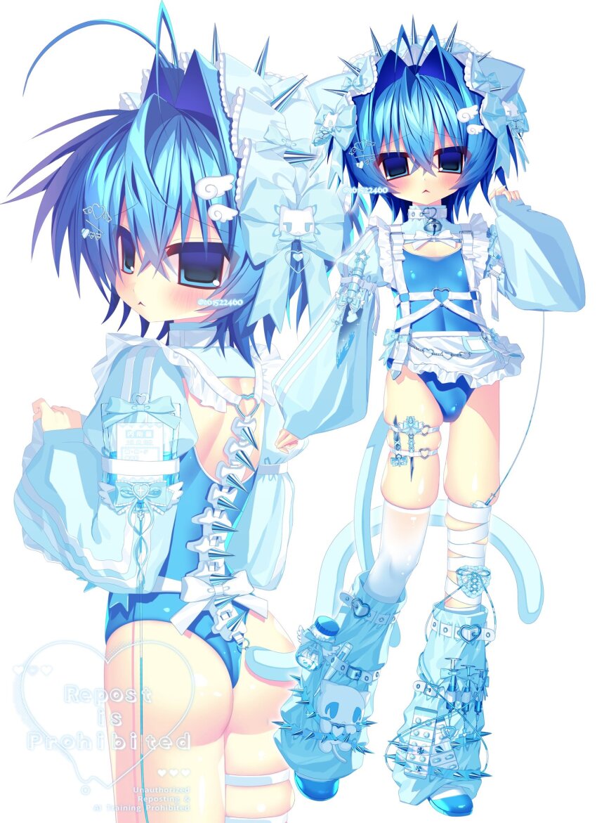 1boy 2000s_(style) :&lt; animal_ear_hairband animal_ears antenna_hair apron ass asymmetrical_legwear bandaged_leg bandages bell blood bloody_knife blue_blood blue_bow blue_eyes blue_hair blue_headdress blue_one-piece_swimsuit blush bow bulge cat_ear_hairband cat_ears cat_tail choker cleavage_cutout clothing_cutout crossdressing crossdressing_(mtf) crossed_bangs detached_collar fake_animal_ears faux_retro_artstyle fine_fabric_emphasis fingernails frilled_hairband frills hair_between_eyes hair_intakes hair_ornament hairband hairpin harness heart heart_o-ring highres intravenous_drip knife leg_warmers looking_at_viewer maid male_focus male_maid multiple_hairpins neck_bell o-ring o-ring_harness o-ring_thigh_strap one-piece_swimsuit original pill puffy_sleeves raised_inner_eyebrows sharp_fingernails single_thighhigh skindentation sleeves_past_wrists swimsuit swimsuit_costume tail thigh_strap thighhighs unconventional_maid waist_apron watashi_candy white_bow white_choker wing_hair_ornament wing_hairpin