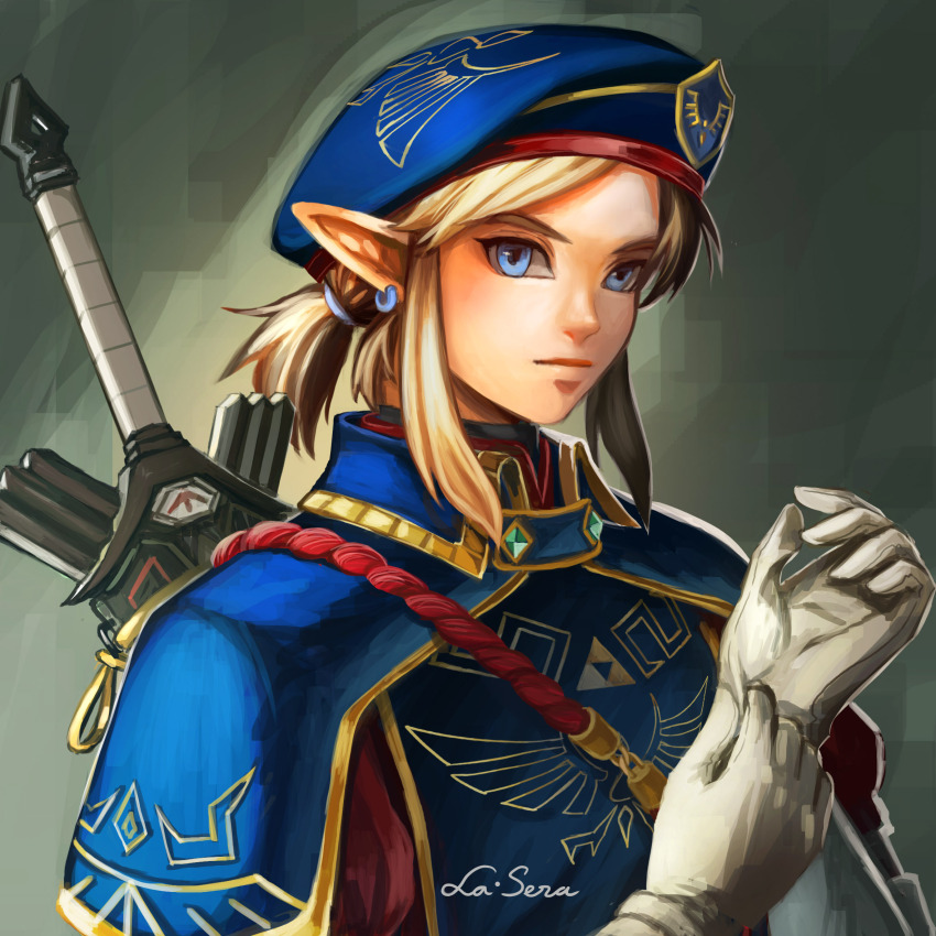 1boy adjusting_clothes adjusting_gloves beret blonde_hair blue_capelet blue_eyes blue_hat capelet closed_mouth earrings gloves hat highres jewelry la-sera link looking_at_viewer male_focus medium_hair military military_uniform nintendo official_alternate_costume pointy_ears ponytail royal_guard_set_(zelda) short_ponytail sidelocks signature solo sword sword_on_back the_legend_of_zelda the_legend_of_zelda:_breath_of_the_wild triforce upper_body weapon weapon_on_back white_gloves