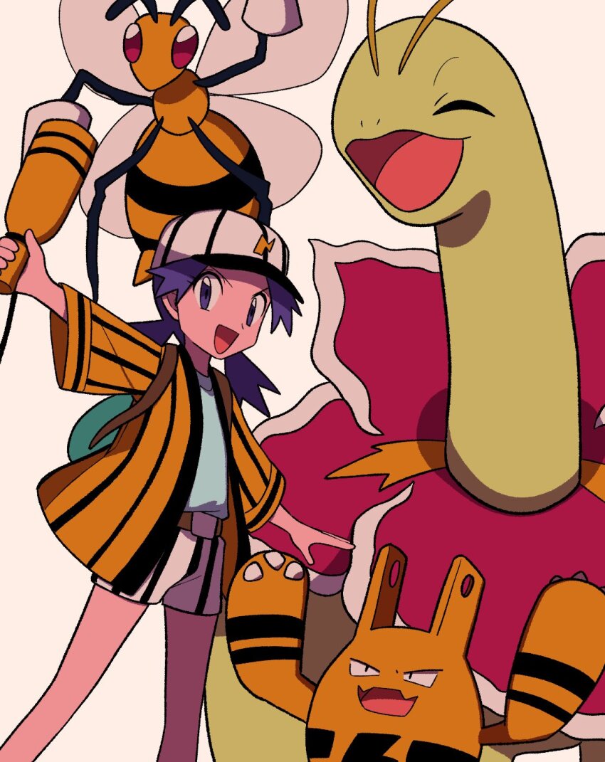 1girl :d beedrill belt belt_buckle brown_belt buckle casey_(pokemon) commentary_request elekid eyelashes gen_1_pokemon gen_2_pokemon hat highres holding jacket long_hair looking_at_viewer meganium nintendo open_clothes open_jacket open_mouth outstretched_arm pokemon pokemon_(anime) pokemon_(classic_anime) pokemon_(creature) purple_eyes purple_hair shirt shorts smile striped_clothes striped_shorts twintails tyako_089 vertical-striped_clothes vertical-striped_shorts white_background white_headwear white_shorts