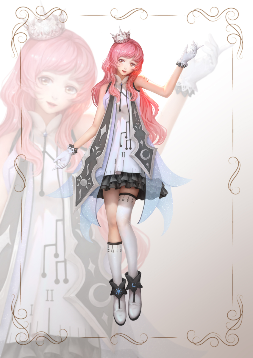 1girl absurdres alternate_costume asymmetrical_legwear bare_shoulders boots brown_eyes collared_dress crescent_print crown dress eyeshadow frilled_dress frilled_gloves frills full_body gloves gradient_background hand_up high_collar highres infinity_nikki kneehighs lipstick long_hair looking_at_viewer makeup mapledafengwan mismatched_legwear nikki_(nikki) nikki_(series) open_mouth picture_frame pink_eyeshadow pink_hair red_lips short_dress sidelocks single_kneehigh single_sock single_thighhigh sleeveless sleeveless_dress smile socks solo standing stole sun_print thighhighs very_long_hair wavy_hair white_background white_boots white_crown white_dress white_gloves white_socks white_thighhighs zoom_layer
