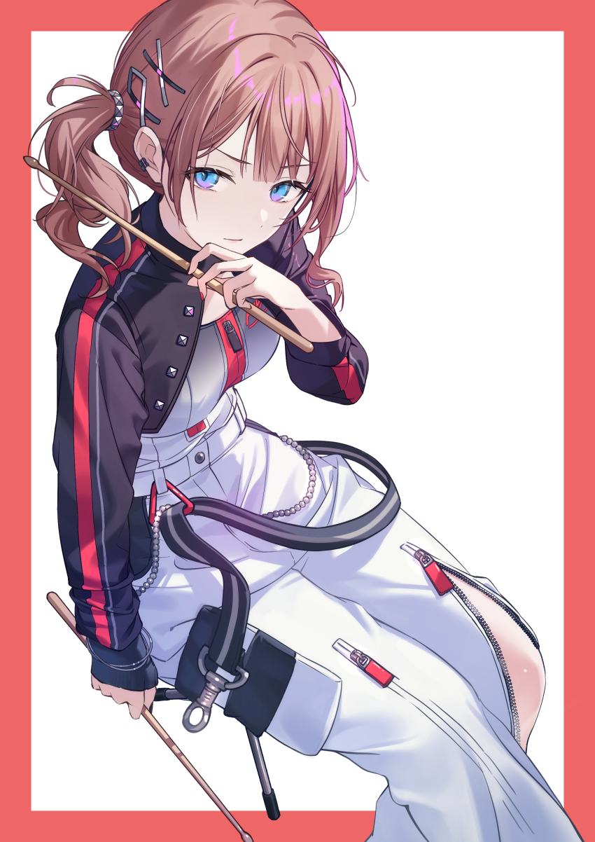 1girl absurdres beads black_jacket blue_eyes breasts brown_hair commentary cropped_jacket drumsticks gradient_eyes hair_ornament hand_up highres holding holding_drumsticks jacket long_hair long_sleeves looking_at_viewer medium_breasts mochizuki_honami multicolored_eyes open_clothes open_jacket pants project_sekai shirt side_ponytail sitting solo timmoo unzipped v-shaped_eyebrows white_pants white_shirt x_hair_ornament zipper_pull_tab