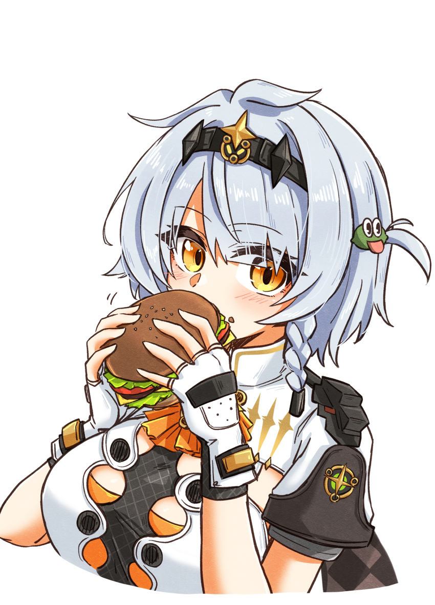 1girl absurdres anby_demara black_hairband blush braid breasts burger commentary cropped_torso eyes_visible_through_hair fingerless_gloves food gloves grey_hair hair_ornament hairband highres holding holding_food large_breasts looking_at_viewer maiq06 motion_lines short_hair short_sleeves simple_background solo white_background white_gloves yellow_eyes zenless_zone_zero