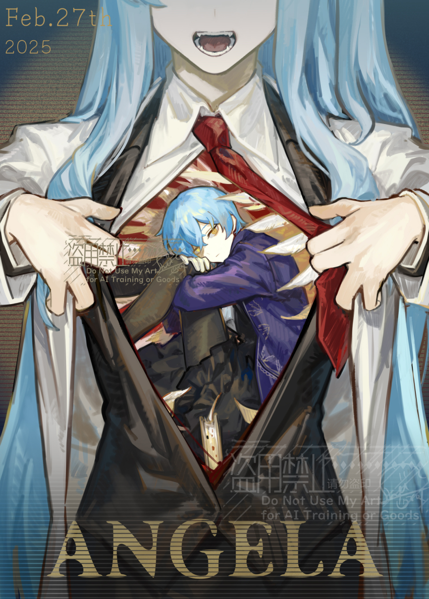 2girls angela_(project_moon) black_pantyhose black_skirt black_vest blue_hair coat collared_shirt dated dual_persona hands_up highres lab_coat library_of_ruina lobotomy_corporation long_sleeves multiple_girls necktie nishikujic pantyhose project_moon red_necktie ribs shirt short_hair sidelocks skirt vest white_coat white_shirt white_wings wings yellow_eyes