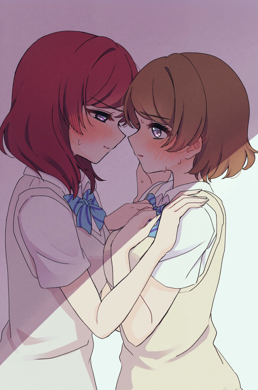 2girls absurdres blue_bow blue_bowtie blush bow bowtie brown_hair collared_shirt commentary_request ear_blush hand_on_another&#039;s_shoulder highres hiyori_(20hiyori727) koizumi_hanayo love_live! love_live!_school_idol_project medium_hair multiple_girls nishikino_maki otonokizaka_school_uniform parted_lips purple_eyes red_hair school_uniform shade shirt short_hair short_sleeves sweater_vest white_shirt yellow_sweater_vest yuri