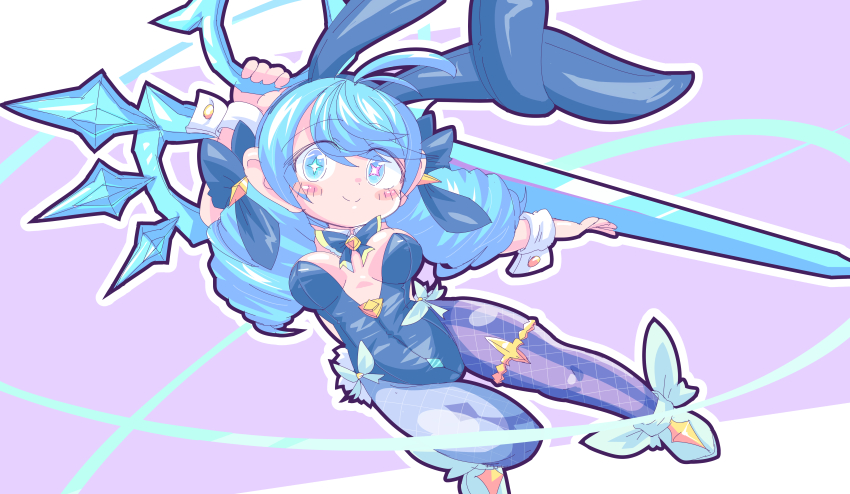 1girl adapted_costume animal_ears asymmetrical_legwear bare_shoulders blue_boots blue_bow blue_bowtie blue_eyes blue_hair blue_leotard blue_pantyhose boots bow bowtie breasts center_opening closed_mouth collar detached_collar dot_nose drill_hair eyebrows eyelashes fake_animal_ears fake_tail female_focus fishnet_pantyhose fishnets gwen_(league_of_legends) jumping kayo!!_(gotoran) large_breasts league_of_legends leaning_to_the_side leotard long_hair looking_at_viewer pantyhose playboy_bunny purple_background purple_pantyhose rabbit_ears rabbit_tail scissors simple_background smile solo star-shaped_pupils star_(symbol) strapless strapless_leotard symbol-shaped_pupils tail twin_drills two-tone_background two-tone_pantyhose white_background white_collar wrist_cuffs