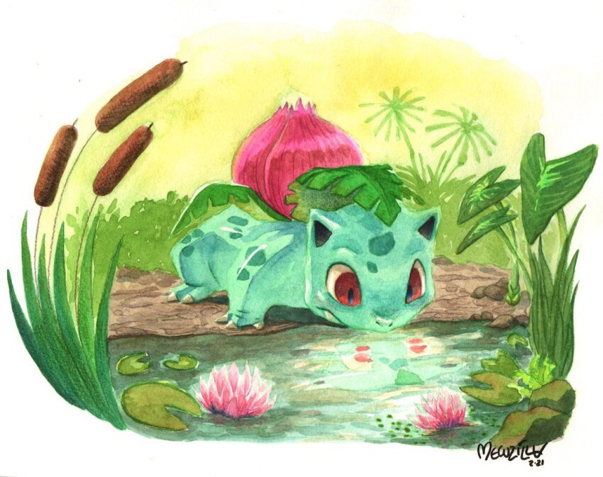 animal_focus cattail claws closed_mouth commentary creatures_(company) english_commentary flower full_body game_freak gen_1_pokemon ivysaur lily_pad looking_at_reflection mewzilla nintendo no_humans nostrils painting_(medium) pink_flower plant pokemon pokemon_(creature) pond red_eyes reflection reflective_water shore signature traditional_media watercolor_(medium) white_background