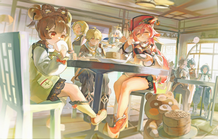2others 3boys 6+girls absurdres aether_(genshin_impact) ahoge architecture bamboo_steamer bell black_gloves blonde_hair blunt_bangs boo_tao_(genshin_impact) bow-shaped_hair bowl braid braided_hair_rings breasts brother_and_sister brown_hair chair chinese_clothes cleavage closed_eyes closed_mouth commentary_request crop_top cup east_asian_architecture eating facial_mark floating food forehead_mark genshin_impact ghost gloves green_hair guoba_(genshin_impact) hair_bell hair_between_eyes hair_ornament hair_rings halo hat highres holding holding_bowl holding_cup holding_napkin holding_spoon holding_tray horns hu_tao_(genshin_impact) indoors long_hair long_sleeves lumine_(genshin_impact) medium_breasts multiple_boys multiple_girls multiple_others on_chair open_mouth orange_eyes paimon_(genshin_impact) pink_hair red_hat red_panda restaurant robizou_(robizou285) romper scarf shirt shoes short_hair short_hair_with_long_locks siblings sitting smile spoon steamed_bun sunlight table tray white_hair white_romper window wooden_floor xiangling_(genshin_impact) xiao_(genshin_impact) xiezhi_guan yanfei_(genshin_impact) yaoyao_(genshin_impact) yellow_eyes zhongli_(genshin_impact)