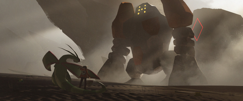 1other absurdres ambiguous_gender asteroid_ill backlighting brown_theme cacnea creatures_(company) flygon fog from_behind game_freak gen_1_pokemon gen_3_pokemon glowing highres hood hood_down hooded_jacket huge_filesize jacket legendary_pokemon long_sleeves nintendo pants pokemon pokemon_(creature) protecting red_jacket regirock rock sand sandshrew scenery size_difference standing wide_shot