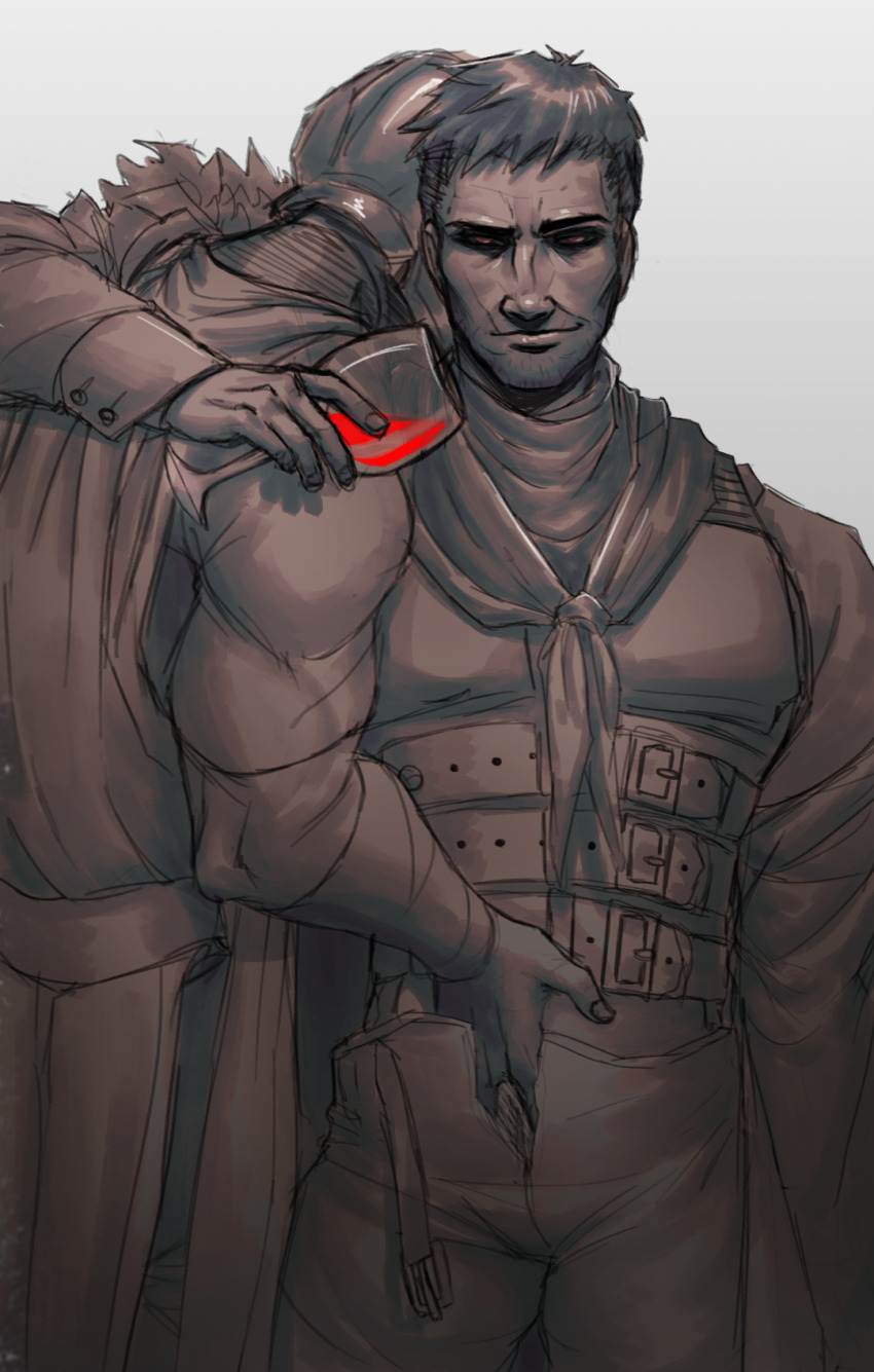 2boys bara beard belt brown_theme connected_beard couple cowboy_shot crusader_(darkest_dungeon) cup darkest_dungeon drinking_glass hand_in_pants helmet highres highwayman_(darkest_dungeon) male_focus mature_male monochrome multiple_boys muscular muscular_male open_belt open_fly pants pectorals pubic_hair pubic_hair_peek red_eyes seductive_smile short_hair smile sparse_stubble spot_color standing thick_eyebrows viktormaru wine_glass wrinkled_skin yaoi