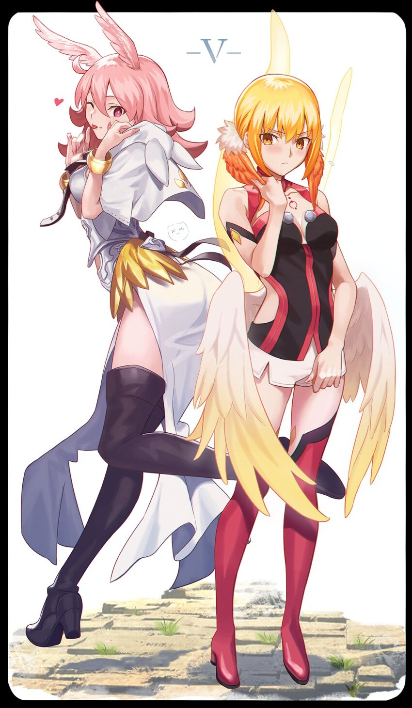2girls aora armor armored_dress black_boots black_dress blonde_hair blush boots breastplate breasts brooch capelet chest_tattoo cleavage creator_connection crossover dress fate/grand_order fate_(series) full_body head_wings highres hildr_(fate) hood hooded_capelet jewelry large_breasts long_hair looking_at_viewer multiple_girls one_eye_closed parody pelvic_curtain pink_hair planet:valkyrie red_boots red_eyes revision short_dress short_hair smile style_parody takeuchi_takashi_(style) tattoo thigh_boots thighhighs tongue tongue_out type-03_(planet:valkyrie) valkyrie_(fate) white_capelet white_dress wings yellow_eyes