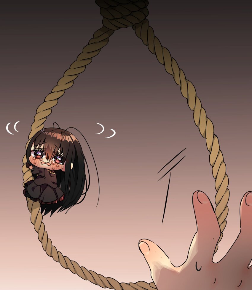 1girl 1other antennae black_dress black_hair blush brown_background chibi cockroach-chan_(harumina_mau) cockroach_girl commentary_request crying crying_with_eyes_open dress frilled_sleeves frills full_body gradient_background harumina_mau highres long_hair long_sleeves looking_at_viewer open_mouth original red_eyes rope tears very_long_hair wavy_mouth