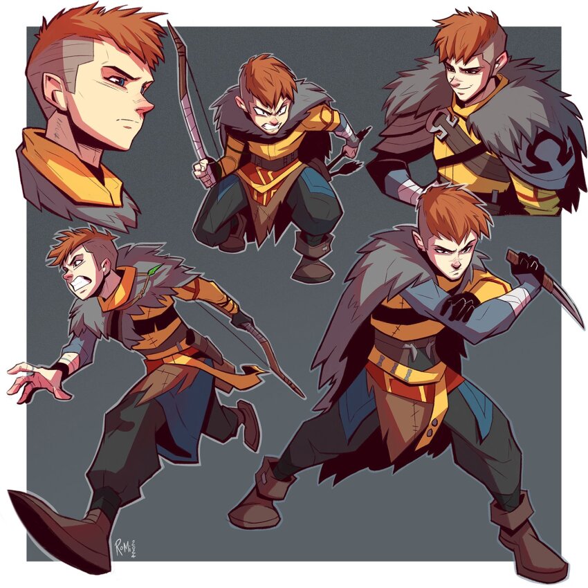 1boy 2024 arrow_(projectile) atreus belt blue_eyes boots bow_(weapon) brown_boots brown_hair clenched_teeth cloak fur_cloak god_of_war hand_on_own_arm highres holding holding_knife kneeling knife mistletoe pants quiver rominatempest shirt short_hair signature teeth undercut weapon yellow_shirt