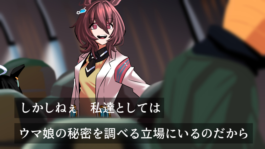 1other 2girls agnes_tachyon_(umamusume) animal_ears black_necktie brown_eyes brown_hair commentary_request earrings gundam gundam_hathaway&#039;s_flash hair_between_eyes horse_ears horse_girl jewelry lab_coat long_sleeves manhattan_cafe_(umamusume) messy_hair multicolored_hair multiple_girls necktie open_mouth short_necktie single_earring subtitled sweater teeth translation_request two-tone_hair umamusume upper_teeth_only white_hair yakuoyoso yellow_sweater