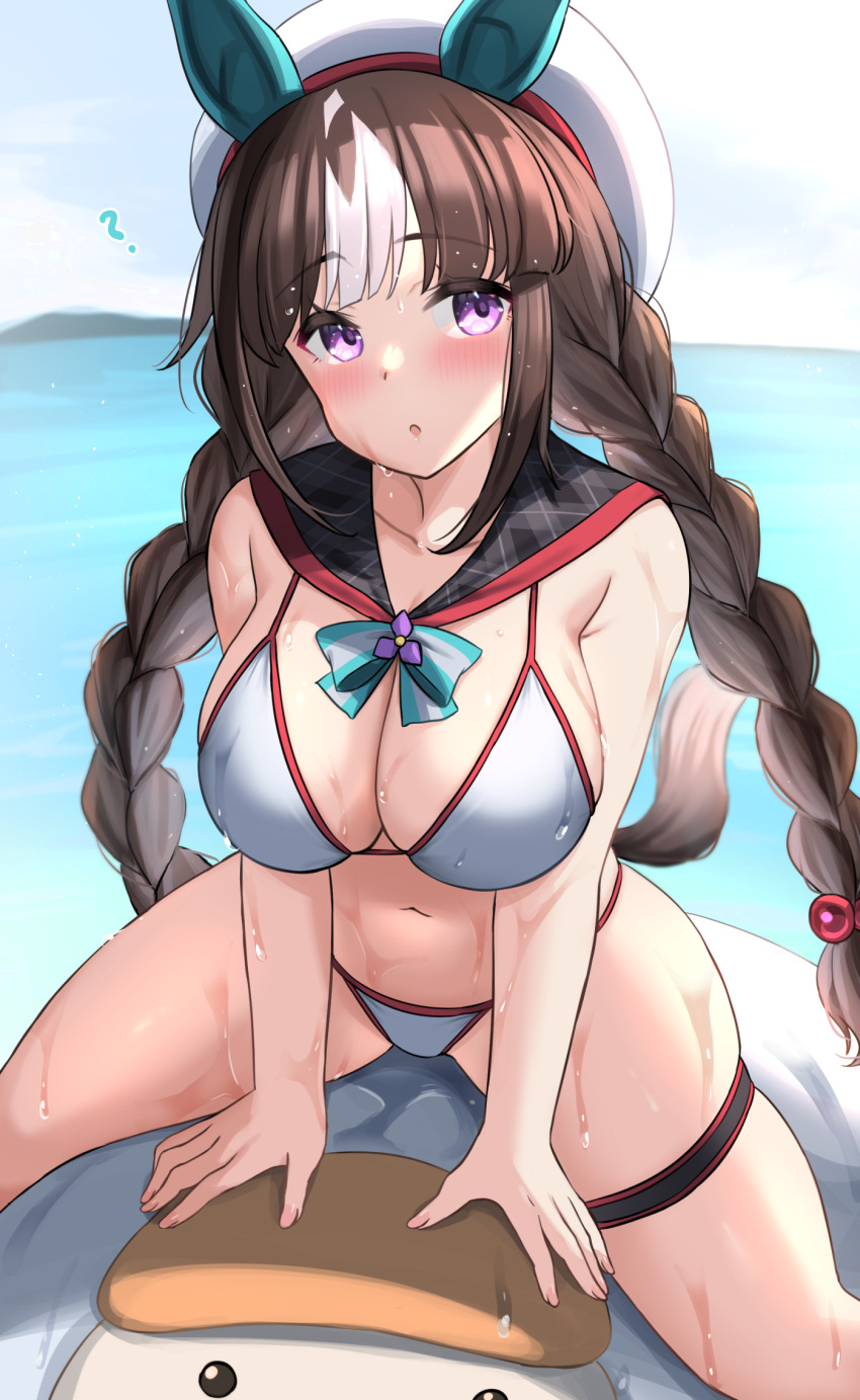 1girl ? alternate_costume animal_ears bikini blunt_bangs blush breasts cleavage collarbone commentary_request ear_covers hat highres hokko_tarumae_(umamusume) horse_ears horse_girl horse_tail kibihimi large_breasts long_braid long_hair ocean open_mouth purple_eyes ribbon sailor_hat sitting sky solo swimsuit tail thigh_strap tomachop umamusume wet white_hat