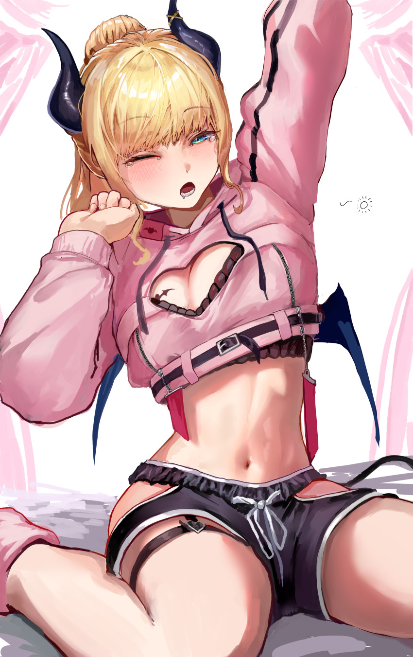 1girl absurdres black_bra black_shorts blonde_hair blue_eyes bra breasts cleavage cleavage_cutout clothing_cutout cropped_hoodie demon_girl demon_horns demon_wings heart_cutout highres hololive hood hoodie horns large_breasts long_hair navel official_alternate_costume one_eye_closed pink_hoodie shorts solo thigh_strap underwear virtual_youtuber wings xue_lian_wa_noel yuzuki_choco yuzuki_choco_(9th_costume)