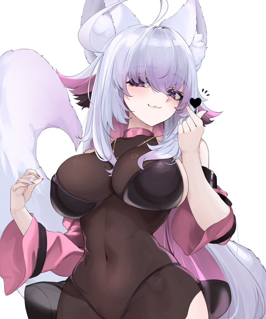 1girl :3 absurdres ahoge animal_ears breasts cleavage finger_heart hair_between_eyes highres indie_virtual_youtuber large_breasts long_hair looking_at_viewer navel purple_eyes ritence shiyuonline simple_background smile tail white_hair
