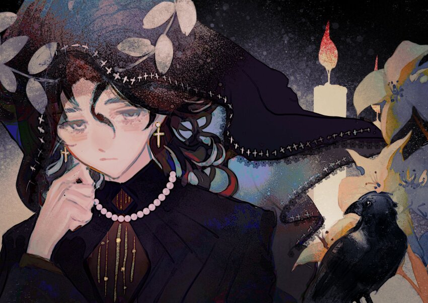 1boy bird black_bird black_hair black_veil candle cross cross_earrings crow curly_hair dante_alighieri_(fate) dante_alighieri_(third_ascension)_(fate) earrings fate/grand_order fate_(series) guiyuchen21490 highres jacket jewelry latin_cross long_sleeves male_focus medium_hair multicolored_hair necklace pearl_necklace red_hair solo upper_body veil