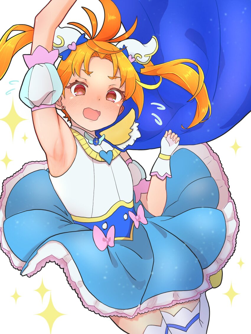 1boy @_@ alternate_costume alternate_hairstyle arm_up armpits blue_cape blue_dress blush bow brooch cape cosplay crossdressing crossdressing_(mtf) cure_sky cure_sky_(cosplay) cure_wing detached_sleeves dress dress_bow earrings embarrassed ewo_kakuo fingerless_gloves floating_cape four-pointed_star frilled_dress frills gloves hair_ornament highres hirogaru_sky!_precure jewelry jumping legs_up looking_at_viewer magical_boy medium_hair open_mouth orange_hair pink_bow precure puffy_short_sleeves puffy_sleeves red_eyes short_sleeves simple_background sleeveless sleeveless_dress solo star_(symbol) thighhighs twintails two-tone_dress wavy_eyes wavy_mouth white_background white_dress white_gloves white_thighhighs wing_brooch wing_hair_ornament yuunagi_tsubasa