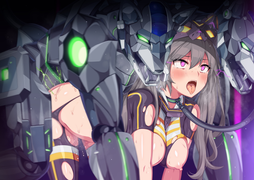 1girl absurdres all_fours bestiality black_thighhighs blush breasts breasts_out cat_mask collar commission dog doggystyle duel_monster glowing glowing_eyes grey_hair hetero highres horosuke i:p_masquerena large_breasts leash long_hair mask mask_on_head nipples non-humanoid_robot open_mouth purple_eyes robot robot_animal robot_dog robot_sex rolling_eyes s-force_dog_tag sex sex_from_behind short_sleeves skeb_commission sweat thighhighs tongue tongue_out torn_clothes twintails yu-gi-oh!