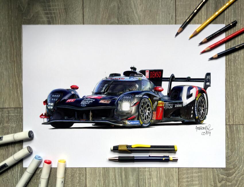 anthony-c art_tools_in_frame artist_name black_car car colored_pencil colored_pencil_(medium) commentary dhl english_commentary highres le_mans_prototype marker marker_(medium) mechanical_pencil michelin michelin_man motor_vehicle no_humans pencil photo_(medium) race_vehicle racecar spoiler_(automobile) sponsor toyota toyota_gr010 traditional_media vehicle_focus white_background world_endurance_championship