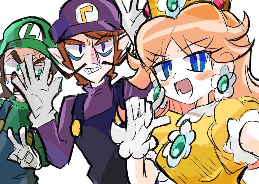 1girl 2boys anger_vein black_overalls blue_eyes blue_overalls brown_hair commentary crown dress earrings facial_hair flower_earrings gloves green_hat green_shirt hat highres jewelry long_hair luigi mario_(series) multiple_boys mustache nintendo orange_dress overalls princess_daisy purple_hat purple_shirt rakugaki_shitagari-ya shirt sketch symbol-only_commentary waluigi white_background white_gloves