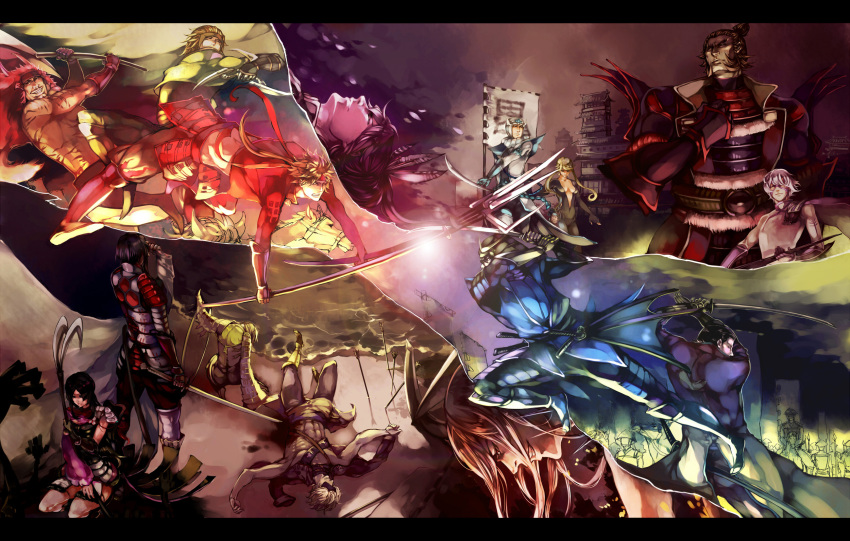 00s 2girls 6+boys akechi_mitsuhide azai_nagamasa azai_nagamasa_(sengoku_basara) chosokabe_motochika chousokabe_motochika date_masamune date_masamune_(sengoku_basara) highres kasuga kasuga_(sengoku_basara) katakura_kojuurou letterboxed lily_(pixiv) lilypsiren maeda_keiji mouri_motonari multiple_boys multiple_girls oda_nobunaga oichi oichi_(sengoku_basara) sanada_yukimura sanada_yukimura_(sengoku_basara) sarutobi_sasuke sengoku_basara takeda_shingen takenaka_hanbee takenaka_hanbee_(sengoku_basara) toyotomi_hideyoshi toyotomi_hideyoshi_(sengoku_basara) uesugi_kenshin uesugi_kenshin_(sengoku_basara) weapon